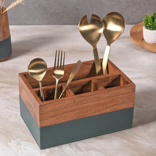 Image of Wooden Tray & Cutlery Holder Combo - Premium Leather Tray & Utensil Organizer, Elegant Dining Table Spoon Stand, Office Desk Storage, Leather-Fabric, Stylish & Functional