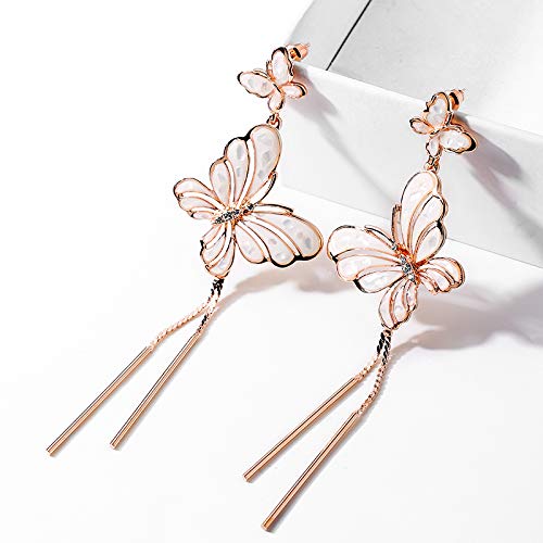 Rose Gold Butterfly Light Pink Enameled with Mother of Pearl Dangle Tassel Long Earrings Pierced - Image 4