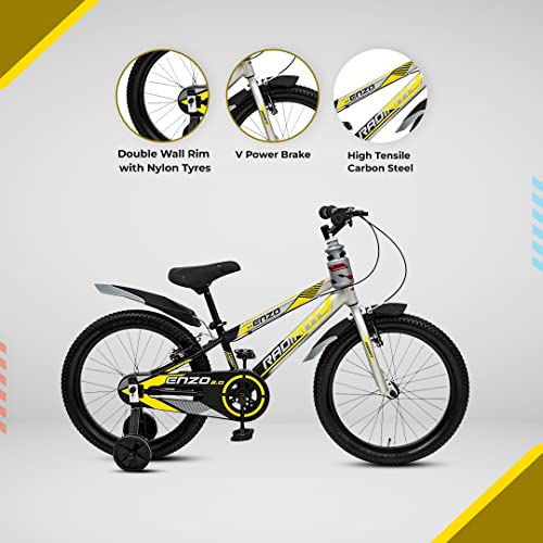 Image of Radiant Cycles Enzo 2.0 20T Unisex Kids Cycle | Ideal for Kids | 10.5 Inch High Tensile Carbon Steel Frame | V Power Brakes (Yellow Grey, Single Speed)