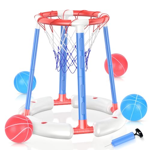 Pool Basketball Hoop with 4 Balls & 1 Pump, Floating Basketball Pool Games for Kids Ages 3-12, Swimming Pool Toys for Boys & Girls, Indoor/Outdoor Water Summer Toy for Adults & Children