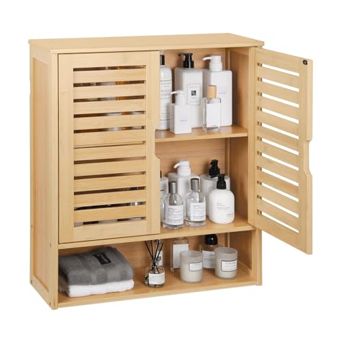 HYNAWIN Wall Mounted Bamboo Storage Cabinet with Door, Bathroom Wall Organizer with Shelves, Space...