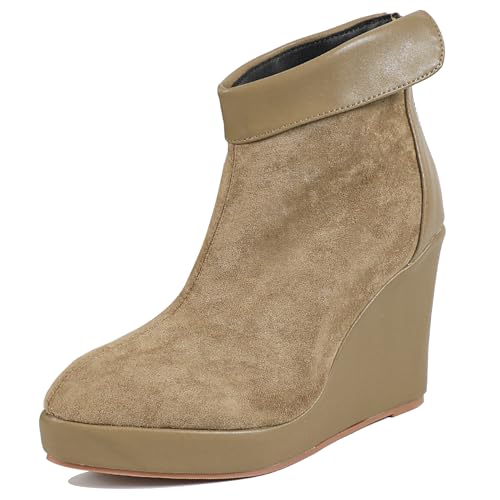 LarDorLin Mujer Tacón de Cuña Invierno Plataforma Botas Cortas Zip Oficina Tacón Alto Warm Puntiagudo Elegante Botín Caqui Talla 38 EU (39 Cn)