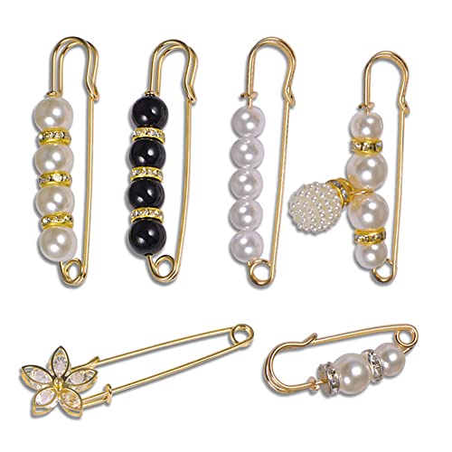 Fashion Pearl Brooch, Sweater Shawl Clip Faux Pearl Brooches Waist Pants Extender Safety Pins for Women Girls Clothing Dresses Decoration Accessories (6 Pcs)
