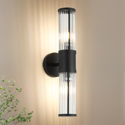 Bathroom Light Fixtures 2-Light Matte Black Bathroom Vanity Light Modern Wall Lights for Bedroom Bath Mirror Lights with Glass Rods Shades for Mirror