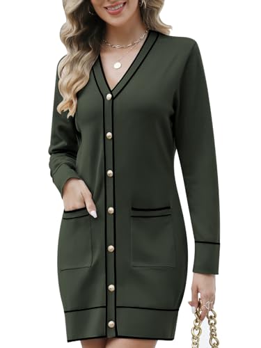 Women's V Neck Long Sleeve Sweater Dress Elegant Mini Dress Button Open Front Color Block Knit Sweaters Cardigan with Pockets Green