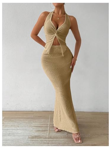 Image of SOLY HUX Women's Two Piece Outfits Twist Front Halter Cami Tops and Skirt Summer Set