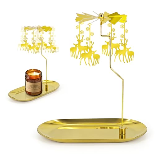 Oiiyee Carousel Candle Holder - Spinning Rotary Holder with Tray for Jar Candles Scented and Tea Lights Unique Home Decor Gifts for Christmas Party Valentines Decor Table Centerpiece(Reindeer)
