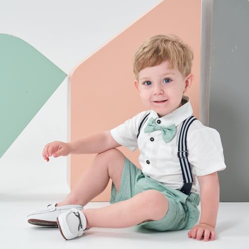 Volunboy Baby Boy Formal Short Set Toddler Summer Gentleman Outfit Kid Short Sleeve Bowtie Shirt Suspender Shorts Suit (White+Green, 3-4T) - Thumbnail 7