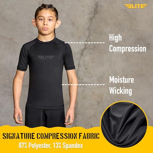 Image of Elite Sports Kids Jiu Jitsu BJJ Rash Guard, Short Half Sleeve Compression Shirt for Youth Boys Girls Sports Nogi Training