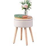 Faux Leather Beige Storage Ottoman Foot Rest, Round White Ottoman Coffee Table Vanity Stool Makeup...