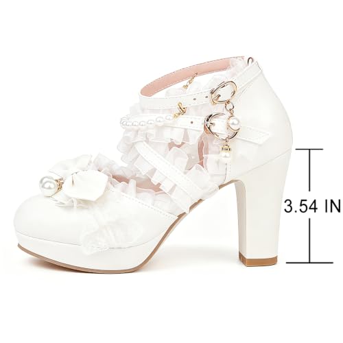 Image of FOREADA Lolita Shoes Platform Mary Jane Heels Kawaii Bow Lace Pearl Pumps | Vintage kawaii lolita styling ideal for dresses, with bead, lace, bow, ankle strap, pink, white and classic black colors