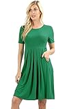 Women's Pleated Swing Dress Short Sleeve Casual T Shirt Loose Dress with Pockets - Kelly Green (Large)
