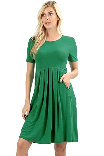 Women's Pleated Swing Dress Short Sleeve Casual T Shirt Loose Dress with Pockets