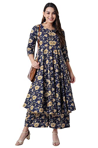 Image of Arayna Women's Cotton Printed Anarkali Kurti with Palazzo Pants Set