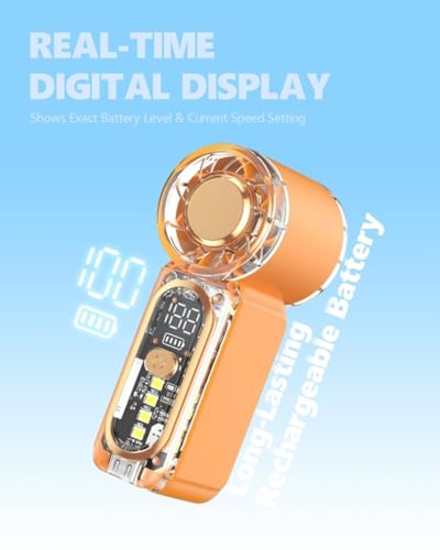 Image of Portable Handheld Mini Fan, Hand Held fans with 1-100 Speeds & Digital Display, 22000RPM Turbo Pocket Fan, USB-C Rechargeable Personal Small Fan with Emergency LED Light for Travel, Makeup, Orange