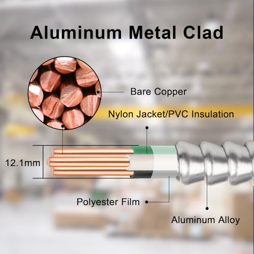 Image of 12 /2 Metal Clad (MC) Cable with Ground 200ft, 12 Gauge Electric Wire with Aluminum Armor, Solid Bare Copper Conductors for Indoor Outdoor Underground Embedded Installation (12 /2, 200 FT)