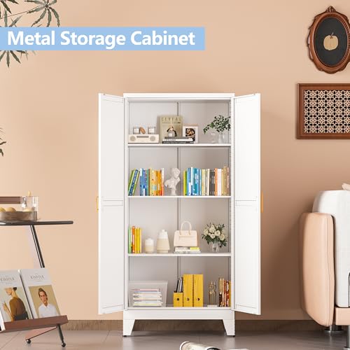 Image of White Metal Storage Cabinet, 48 inch Steel Cabinets for Home Office | Kitchen Pantry Storage Cabinet with Doors and 3 Adjustable Shelves, for Office, Home, Garage, School