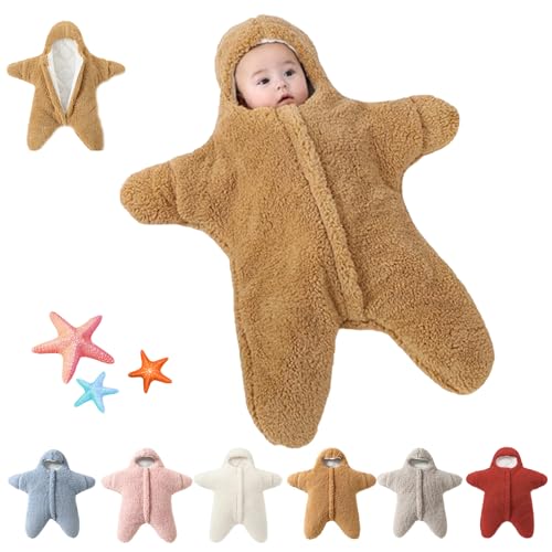 Image of Starfish Baby Sleeping Bag, Baby Starfish Onesie, Baby Starfish Outfit, Starfish Swaddle Sack for Newborn, Infant Fleece Swaddle Blanket Stroller Wrap (Brown, for 0-2 month)