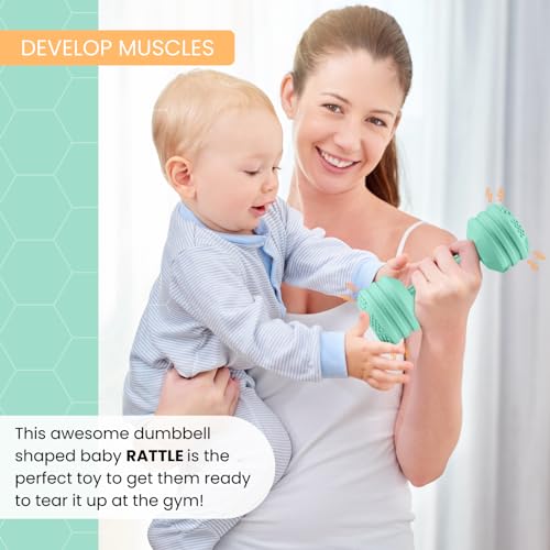 Image of Baby Dumbbell Toy - Silicone Dumbbell Teether Toys Weight Rattle Sensory Toy for Babies - Great Gift for Baby and Toddler Girls or Boys (Mint)