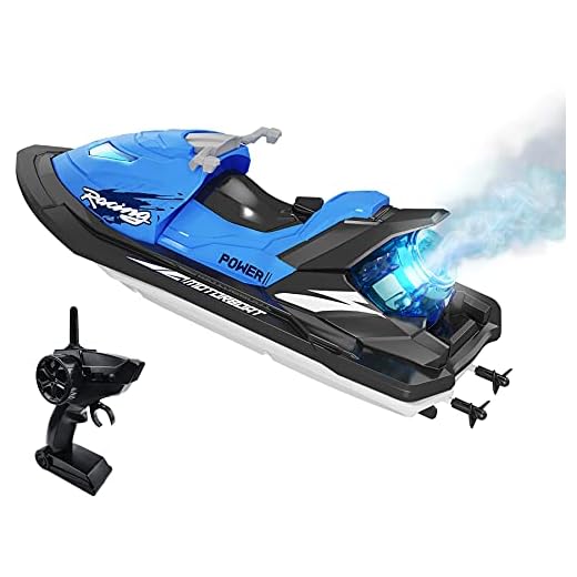 IOKUKI RC Boats for Kids & Adults with Spraying Function, 2.4G Remote Control Boat for Pools & Lakes with Rechargeable Toy Boat Battery / Dual Motors/ Low Power Prompt / Waterproof - Blue