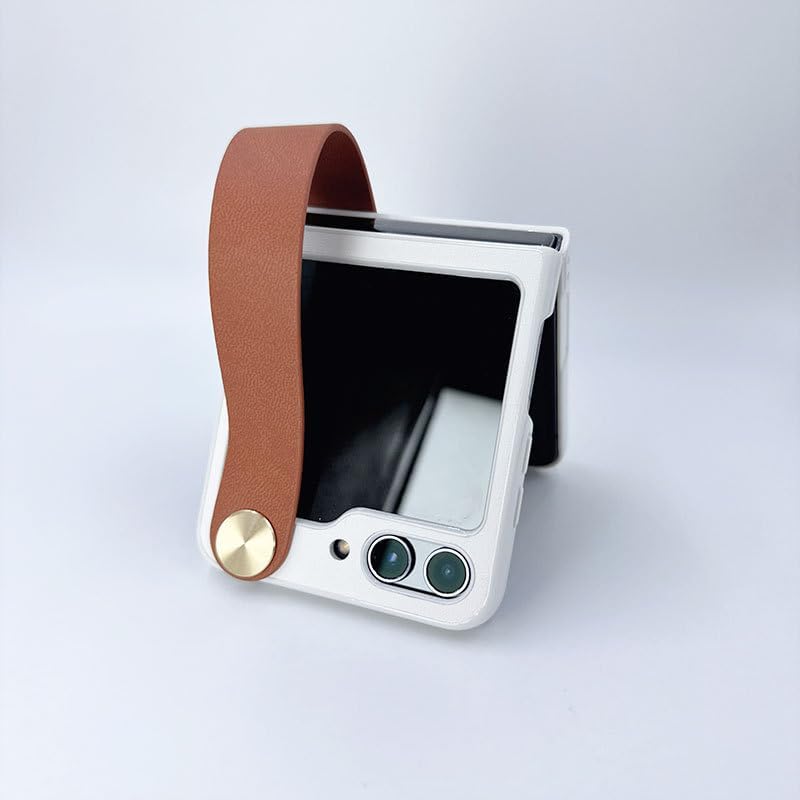 Miniatura 2 de Funda con correa de muñeca para Galaxy Z Flip5, cuero clásico sobre duro a prueba de golpes, PC con pulsera ajustable, funda de protección para