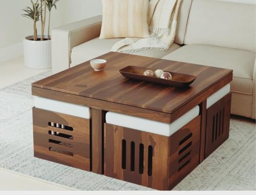 Image of Furniture Solid Sheesham Wood Coffee Table with 4 Stool | Square Centre Table with Stool | Center Table with 4 Stools for Living Room | Patio Table with 4 Puffy for Home | Provincial Teak