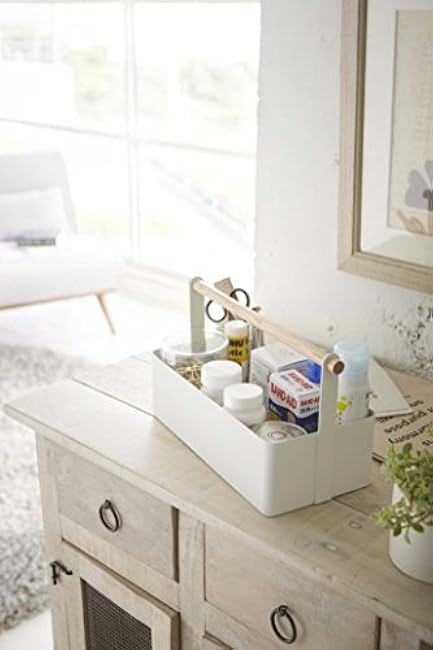 Yamazaki Home Storage Basket - Wood Handle Organizer Steel + Wood Large White