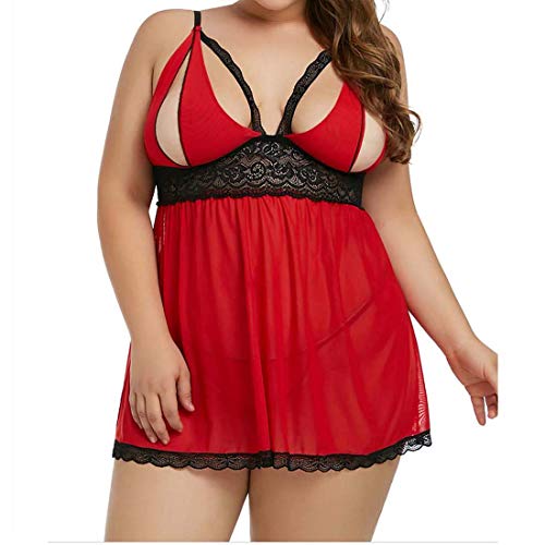 Fusmaker Ropa Interior Más del Tamaño Muñeca Ropa De Dormir Ropa De Noche del Chemise del Cordón para Las Mujeres Atractivas,Rojo,2XL Cover