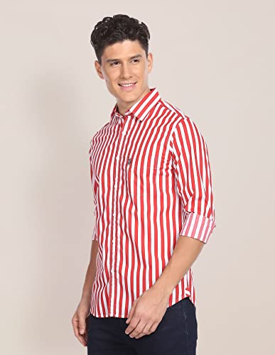Image of U.S. POLO ASSN. Striped Tailored Fit Shirt for Men - 100% Cotton, Breathable & Comfortable, Full Sleeves Casual Shirt for Men - 39, Red