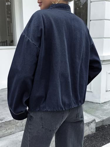 Tankaneo Womens Denim Bomber Jacket Zip Up Cropped Lightweight Jean Jacket Fall Casual Outerwear with Pockets4