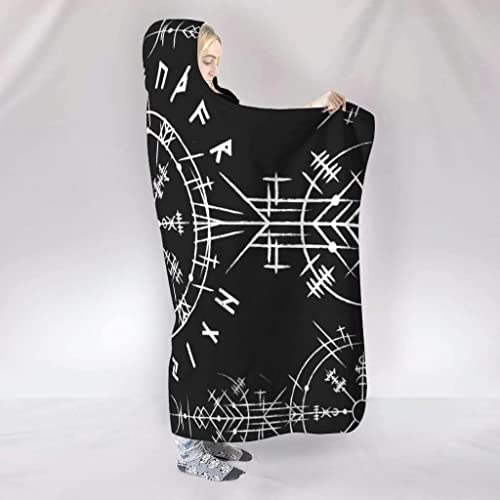 Viking Vegvisir Hooded Blanket Super Soft Warm Norse Compass Rune Throw Blanket Plush Fleece Blanket Wearable Blanket Hoodie Blanket For Adult Kids (Color : A, Size : 80X60In/150X200Cm) #TOP1