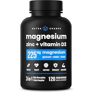 NutraChamps Magnesium Zinc & Vitamin D3 Supplement – Most Bioavailable Forms; Magnesium Glycinate, Malate, Citrate – Bone, Muscle & Heart Health, Immune Support – 120 Vegan Capsules