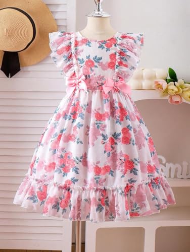 Image of TAGAS Girls Swiss Dot Floral Print Dress Sleeve Less Round Neck Elastic Waist Dress for Girls(KD-399)