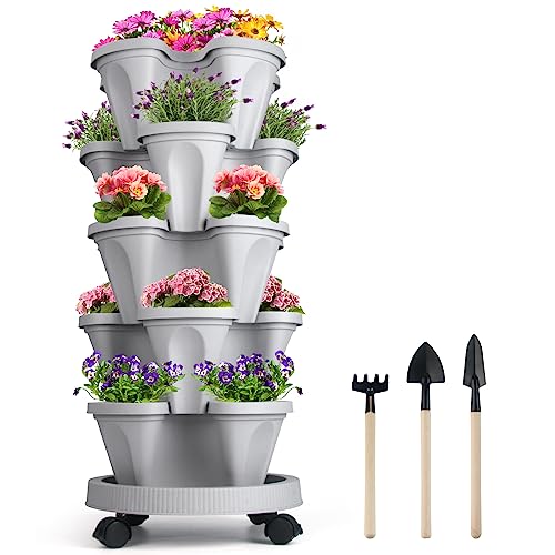 Strawberry Planter 5 Tier Stackable Planters - Vertical Garden Planting Tower Planters for Herb, Flower, and Vegetable Planter Indoor Outdoor Gardening Pots with Removable Wheels and Tools, Gray