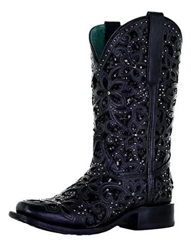 CORRAL LADIE'S BLACK INLAY & EMBROIDERY & STUDS SQ. TOE, LEATHER SOLE, WESTERN A4128