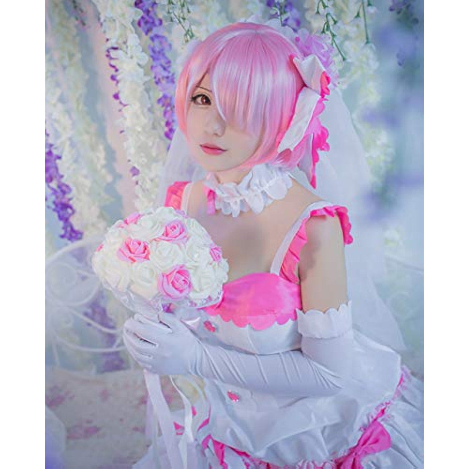 [milky time] ウィッグ付き Re:ゼロから始める異世界生活 リゼロ レム ラム コスプレ ハロウィン 仮装 花嫁 ウェディング (ラム) 詳細画像2