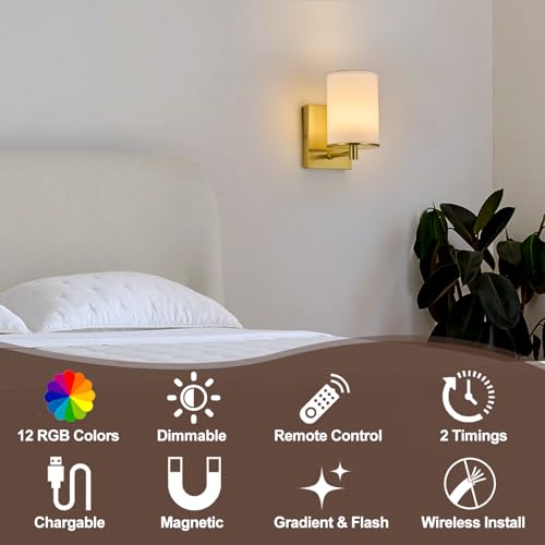 Image of Battery Operated Wall Sconce Set of Two,13 RGB Colors Dimmable Rechargeable Wall Sconces with Remote Control,Wall Lights with Cylinder White Fabric Shade for Bedroom Living Room