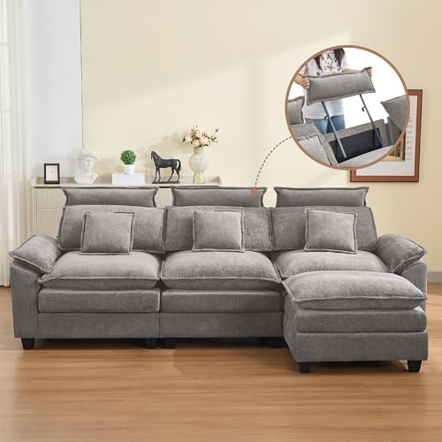 Image of 103'' Cloud Modern 3 Seater Couch with Detachable Headrest, Modular Sectional Sofa with Ottoman, Oversized L Shape Chenille Comfy Sofa with Armrests for Living Room, Light Grey