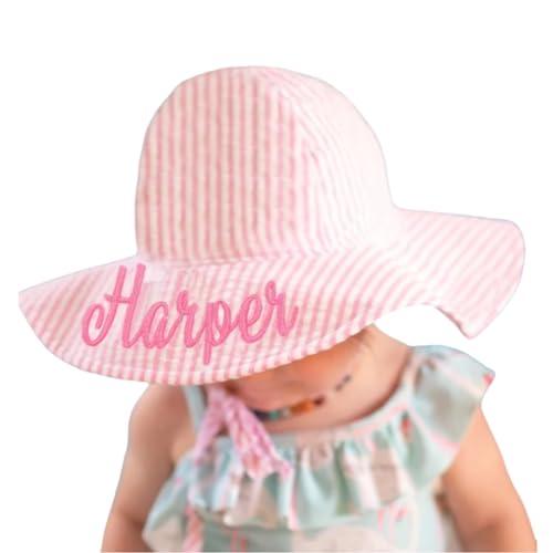 Custom Baby Sun Hats UPF 50+ Personalized Baby Bucket Hat with Embroidered Name-Baby Girl sunhat for toddler-pink Seersucker Baby Sun Hat - Summer baby Beach Hat for Girls 0-5 Aged