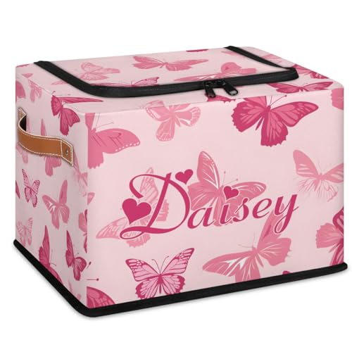 KBAODANK Custom Cute Butterfly Storage-Bin With Zipper Lid for Kids-Girls-Boys-Baby-Pet,Personalized Name Foldable Storage Box with Handle,Baby Basket With Label for Bedroom Nursery Toy Clothes,Pink
