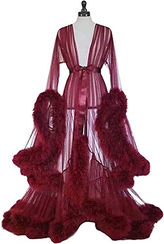 Lingerie Robe Nightgown Women's Sexy Feather Bridal Robe Long Wedding Scarf Illusion Bathrobe Party Lace Sleepwear for Ladies (Color : Claret) - One Size