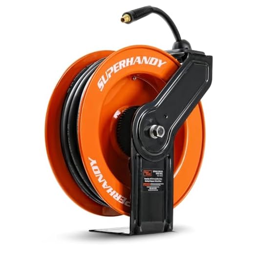 SuperHandy Air-Hose-Reel Retractable Longest Ever 3/8" Inch x 80' Feet Water Industrial Premium Commercial Flex Hybrid Polymer Hose Spring Driven Ultra Heavy Duty Steel Construction Indoor/Outdoor Use
