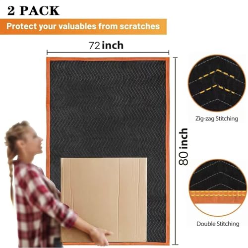 Large Moving Blankets 80*72in Heavy Duty, Quilted Furniture Pads for Moving, Shipping, Wrapping, Padded Mover Blankets, Black, 2 Pack