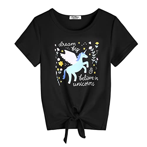 Flypigs T Shirt Mädchen Kurzärmliges T-Shirt mit Süßem Muster Kurzarm Baumwolle Kinder Shirt Rundhals Top Sommer Schwarz 140 Cover