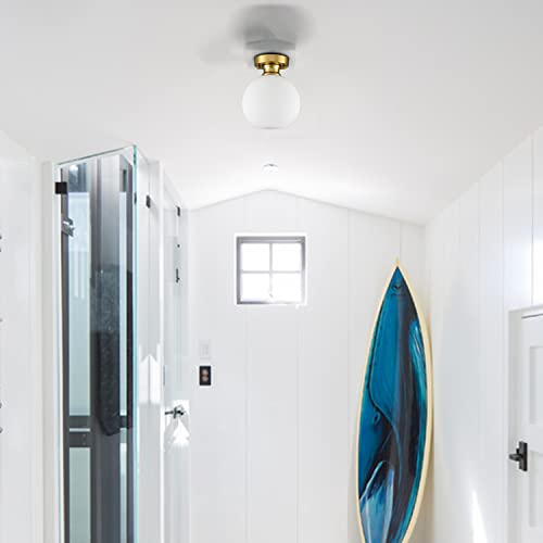 Image of Gold Semi Flush Mount Ceiling Light with Milk Opal Glass Shade | Opaque Ceiling Light Fixture with Hand-Blown Glass, Impurity-Free, Quick Installation for Living Room Bedroom Hallway