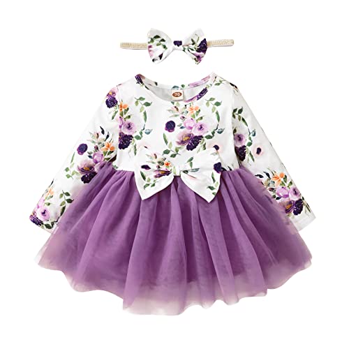 Baby Girl Tutu Dress Long Sleeve Bow Tulle Princess Flower Girls Dresses For Infant Toddler Wedding Birthday Tea Party Dress (Purple, 2-3T) #TOP23