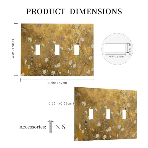 Decorative Switch Plate Covers Vintage White Flowers Birds on Golden Background 3 Gang Light Switch Cover Plate Triple Toggle Wall Plate Light Switch Covers for Bedroom Home Decor