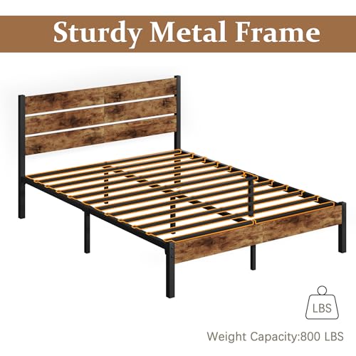 Lifezone Queen Bed Frame with Headboard and Footboard, Metal Queen Bed Frame with Under-Bed Storage, All-Metal Support System, No Box Spring Needed, Easily Assemble, Rustic Brown