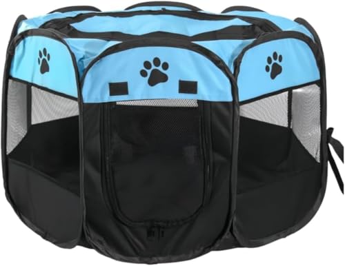Barino 折りたたみ式の八角形のペット用ベビーサークルテント 丸みを帯びたエッジ メッシュで出産室に最適 屋内外での使用に適しています (L: 114x114x58cm (中型犬から小型犬に適しています),ブルー)