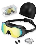 Hurdilen Adult Swimming Goggles with Nose Clip, Ear Plugs & Swim Cap | Anti-Fog UV Protection Lens | Leakproof Adjustable Strap for Men...